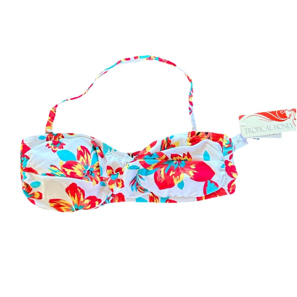 Tropical Honey Bikini Top bandeau Style Red Teal Yellow Flowers Beach Swim SZ 14